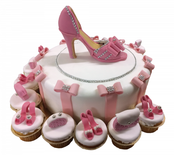 Glamour-Torte mit High Heel und Cupcakes