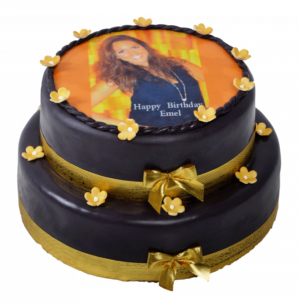 Schwarze Fototorte mit Goldschleifen