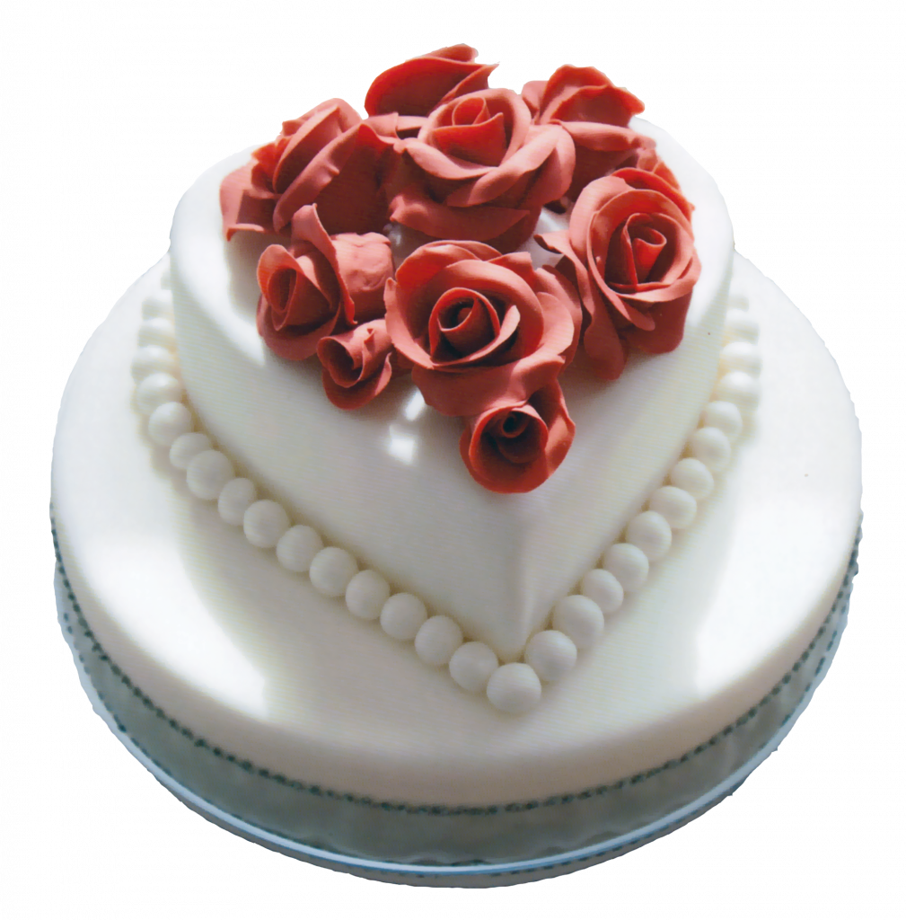 Weiße Rosen-Herztorte mit roten Blüten