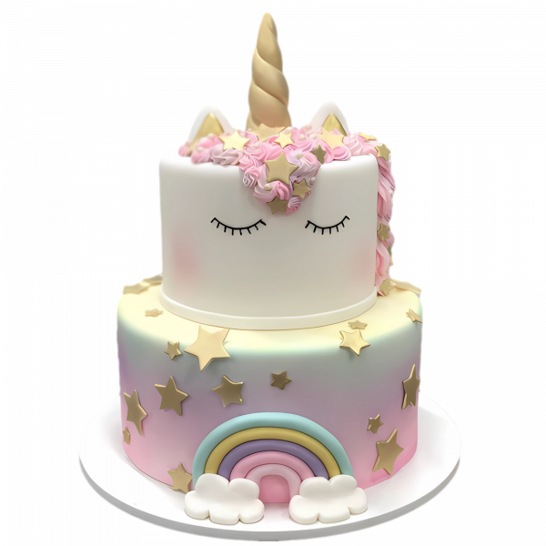 Pastellfarbene Einhorntorte mit Regenbogen und Zuckersternen