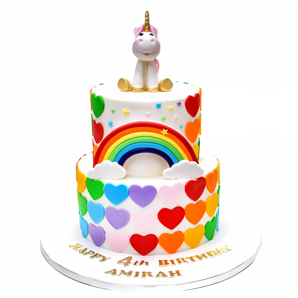 Regenbogen Einhorn-Torte mit Herzdekor