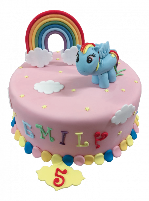 Rosa Regenbogen-Torte mit Pony-Figur