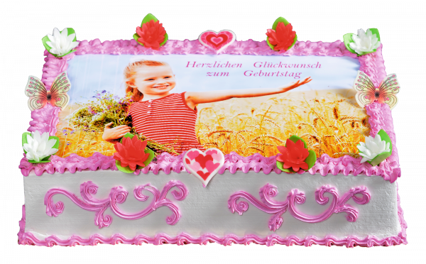 Fototorte mit rosa Ornamentverzierung