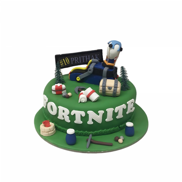 Fortnite-Torte mit Spielfigur und Ausrüstung