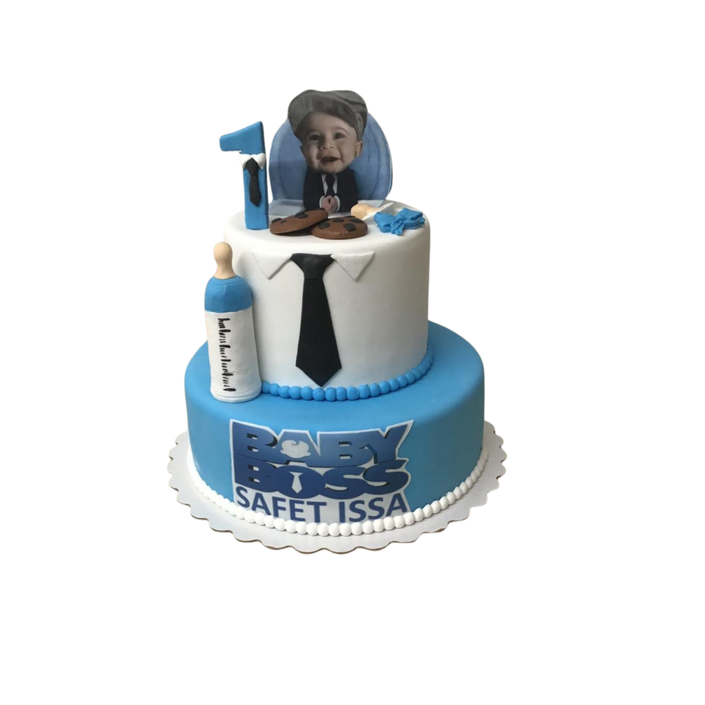 Boss-Baby-Fototorte in Blau-Weiß