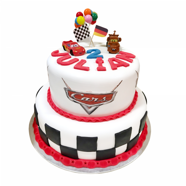 Zweistöckige Cars-Torte mit Rennflaggen und Ballon-Toppern