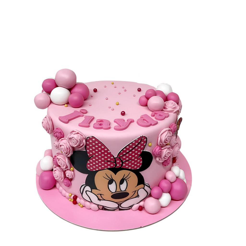 Minnie-Mouse-Torte in Rosa mit Rosen und Ballon-Dekor