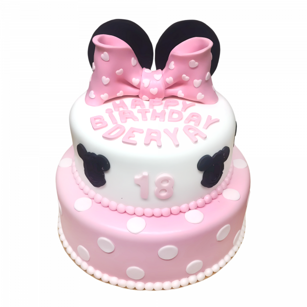 Minnie-Torte in Rosa-Weiß mit großer Herz-Schleife