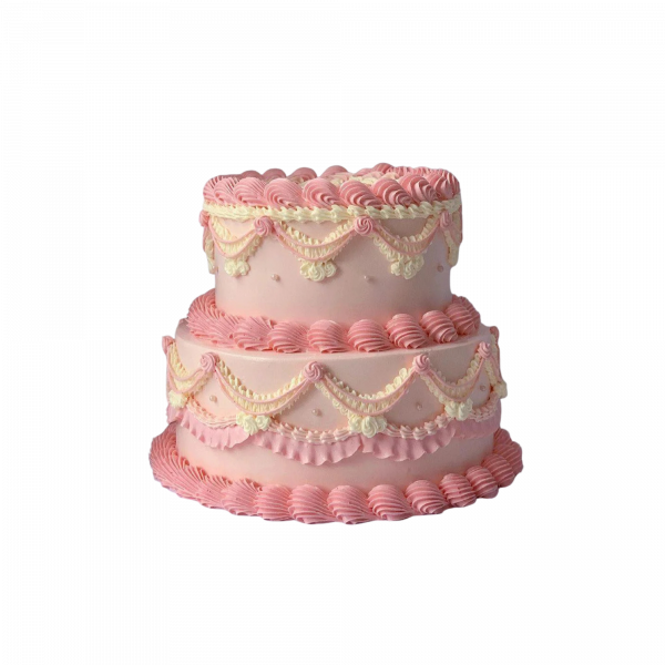 Zweistoeckige Vintage-Torte in Rose mit Sahnegirlanden und Perlen
