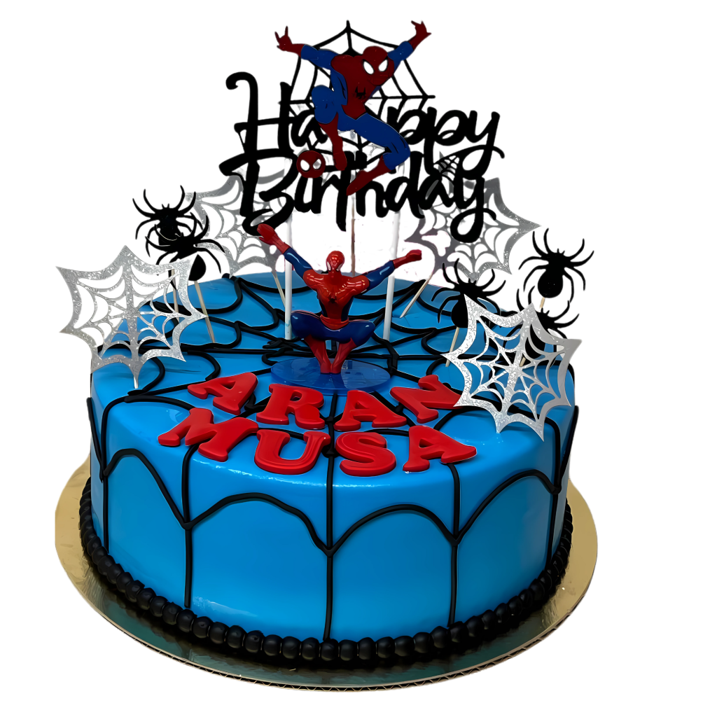 Blaue Spider-Man-Torte mit Spinnennetz-Toppern
