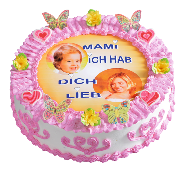 Rosa Fototorte mit Herzen & Schmetterlingen